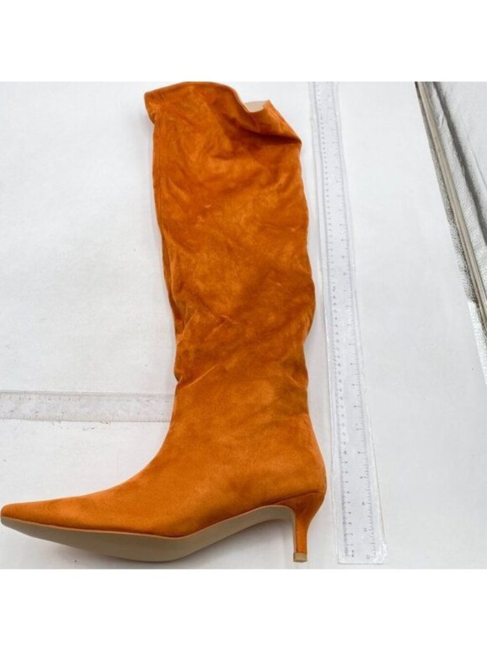 Women Low Heel Pull on Stylish Knee High Boots Square Toe Winter Boots Orange